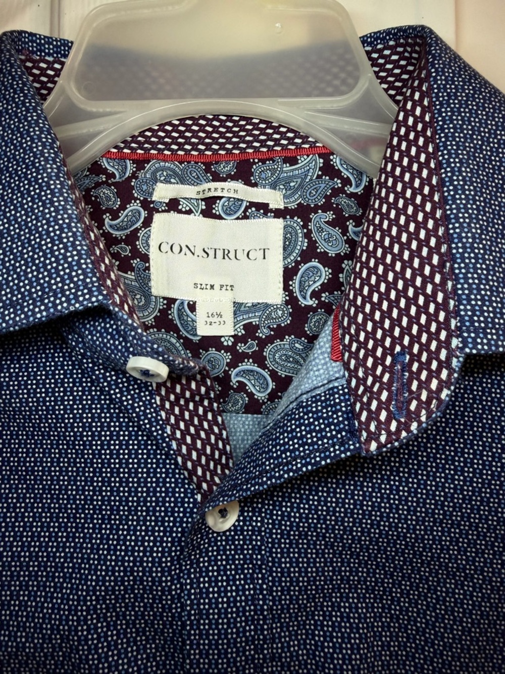 Con.Struct Slim Fit Dress Shirt Men’s 16 1/2 32-33 Blue Micro Dot Stretch